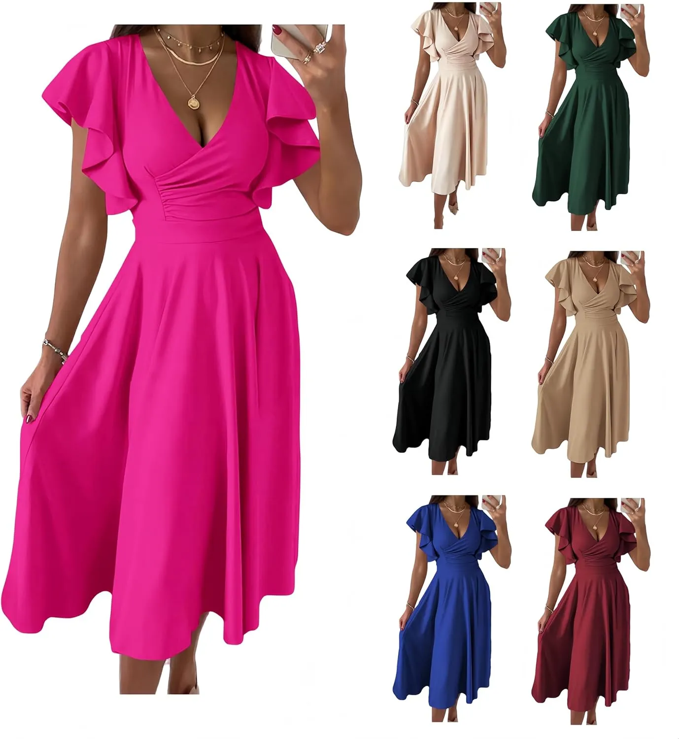 Summer Dresses for Women 2025 Wedding Guest Dress Wrap V Neck Ruffle Cap Sleeve Midi Dresses Party Cocktail Dress