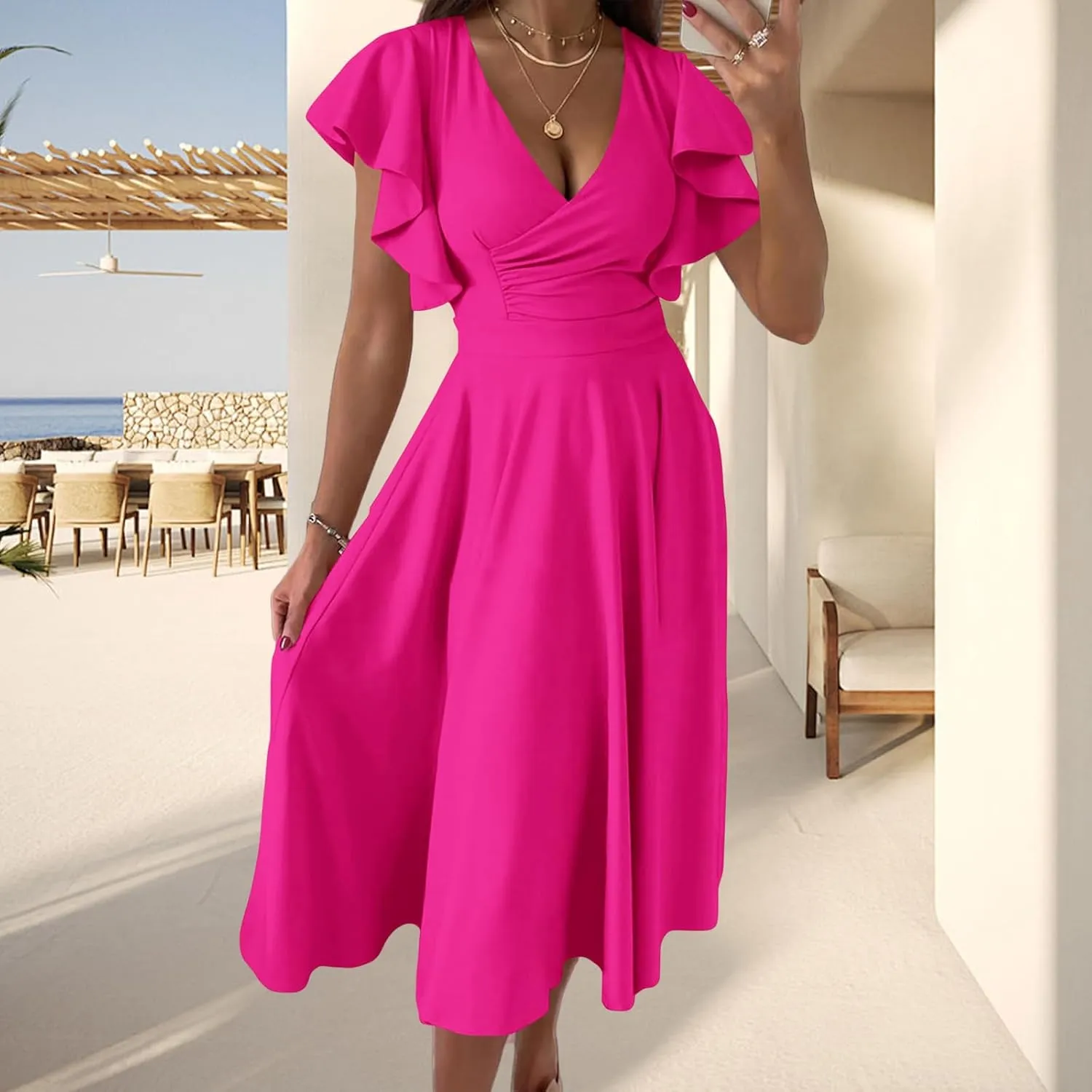 Summer Dresses for Women 2025 Wedding Guest Dress Wrap V Neck Ruffle Cap Sleeve Midi Dresses Party Cocktail Dress