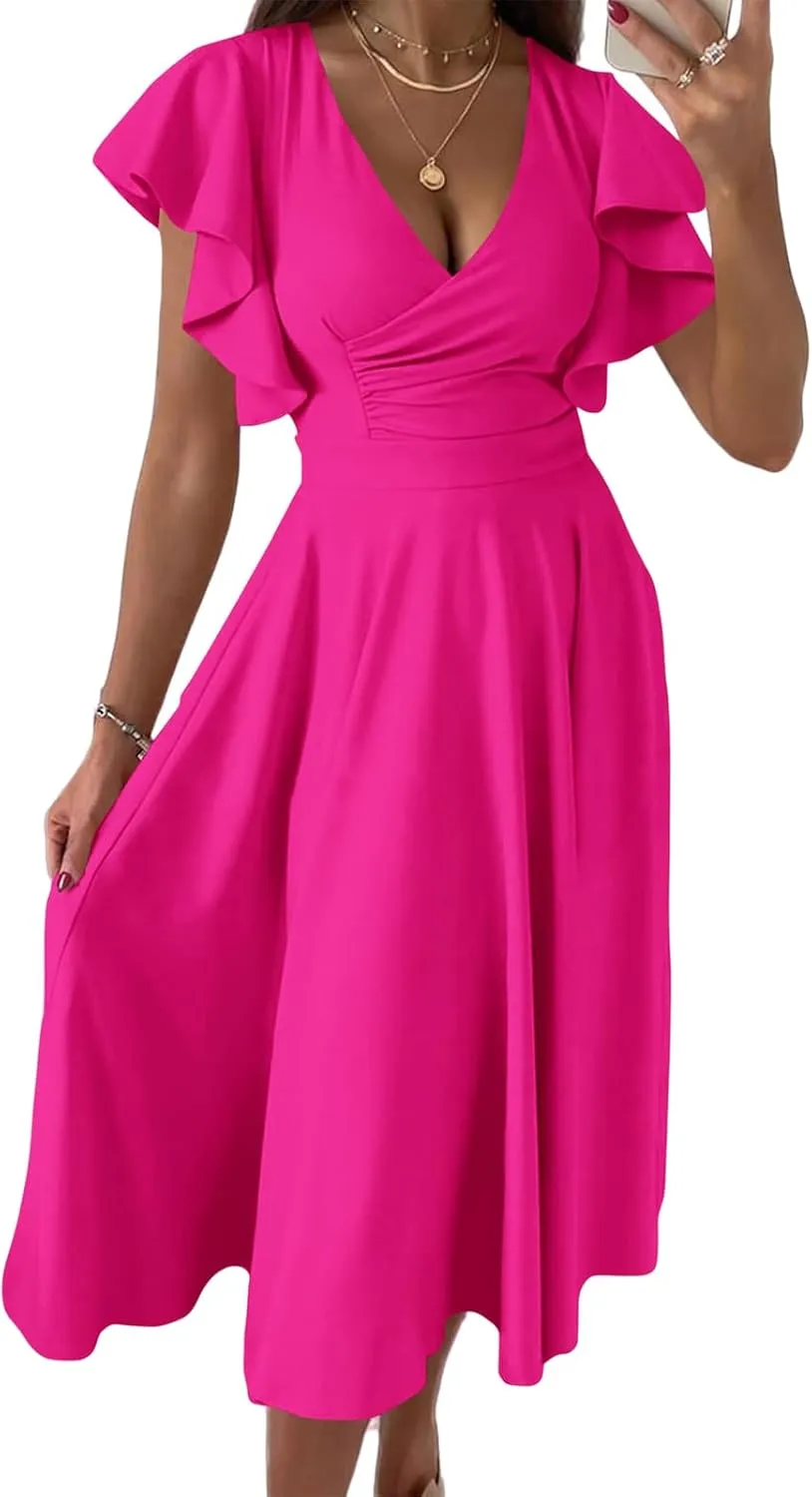 Summer Dresses for Women 2025 Wedding Guest Dress Wrap V Neck Ruffle Cap Sleeve Midi Dresses Party Cocktail Dress