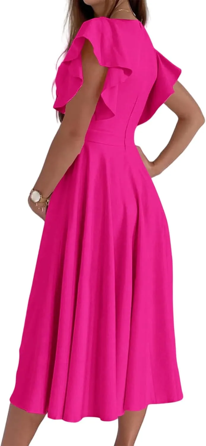 Summer Dresses for Women 2025 Wedding Guest Dress Wrap V Neck Ruffle Cap Sleeve Midi Dresses Party Cocktail Dress