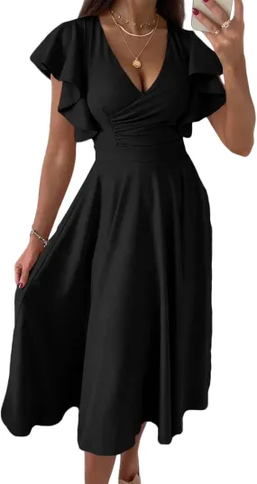 Summer Dresses for Women 2025 Wedding Guest Dress Wrap V Neck Ruffle Cap Sleeve Midi Dresses Party Cocktail Dress