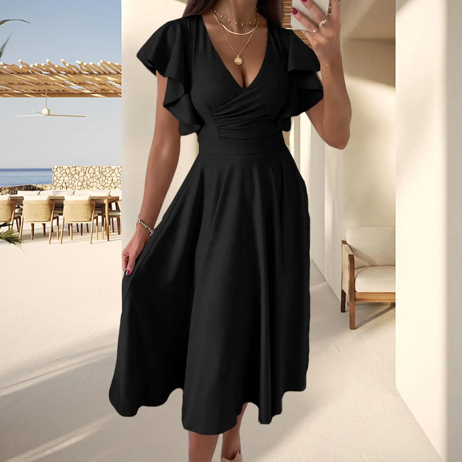 Summer Dresses for Women 2025 Wedding Guest Dress Wrap V Neck Ruffle Cap Sleeve Midi Dresses Party Cocktail Dress
