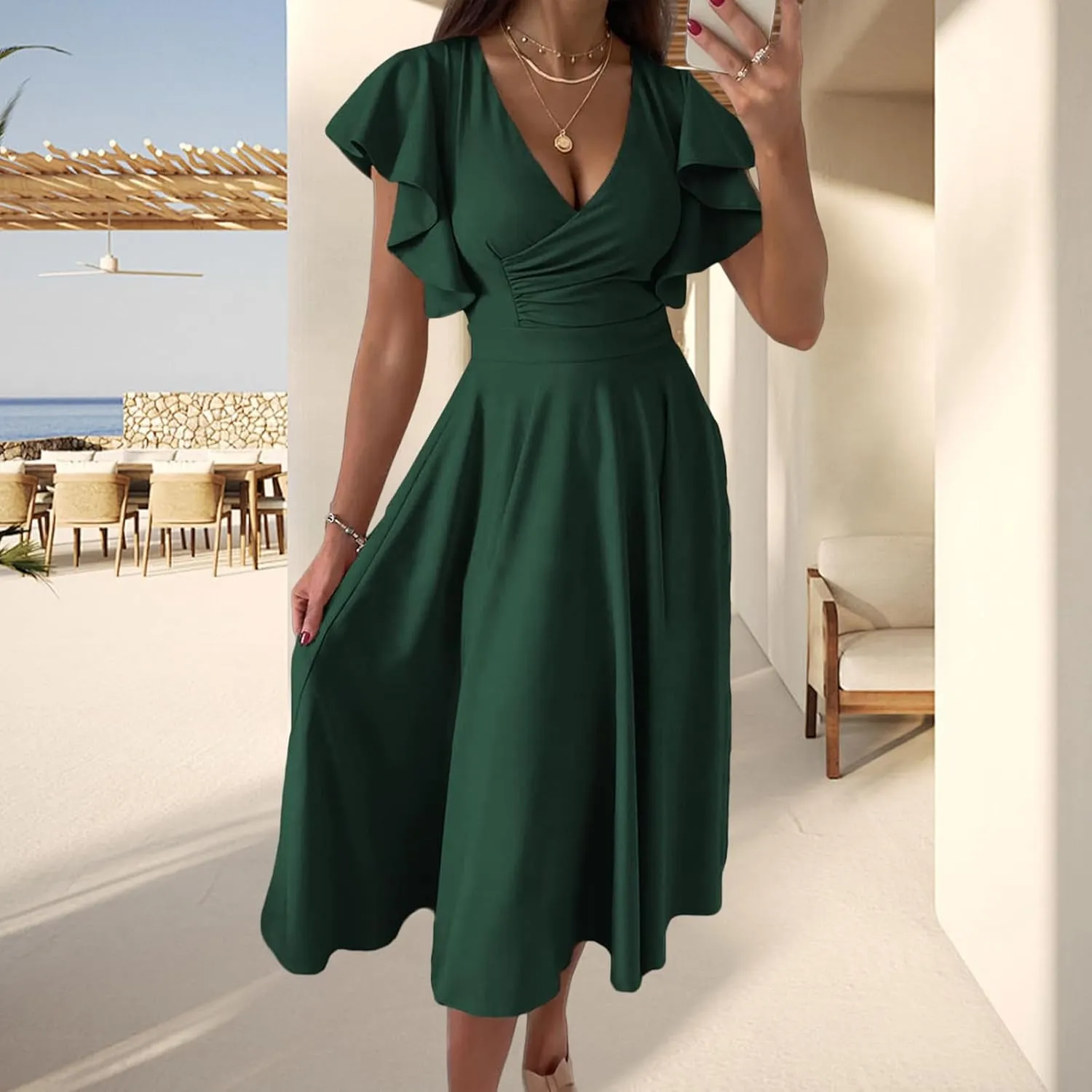 Summer Dresses for Women 2025 Wedding Guest Dress Wrap V Neck Ruffle Cap Sleeve Midi Dresses Party Cocktail Dress