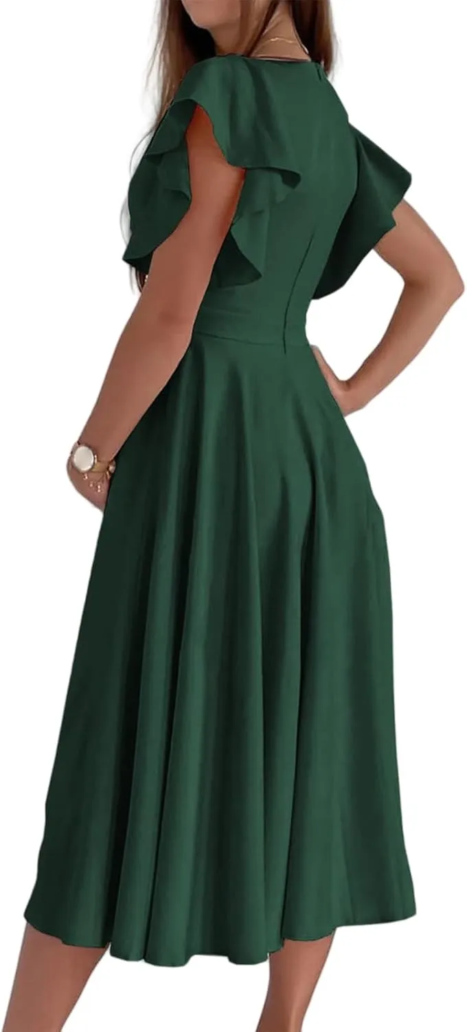 Summer Dresses for Women 2025 Wedding Guest Dress Wrap V Neck Ruffle Cap Sleeve Midi Dresses Party Cocktail Dress