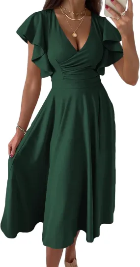 Summer Dresses for Women 2025 Wedding Guest Dress Wrap V Neck Ruffle Cap Sleeve Midi Dresses Party Cocktail Dress