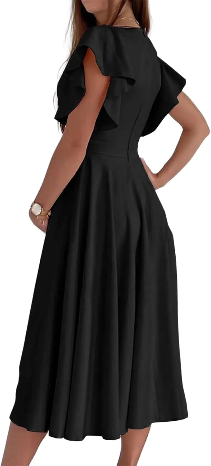 Summer Dresses for Women 2025 Wedding Guest Dress Wrap V Neck Ruffle Cap Sleeve Midi Dresses Party Cocktail Dress