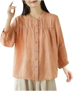 Summer Linen Work Tops for Women Vintage Button Down Plus Size V Neck Collared Blouse Casual 3/4 Sleeve T Shirts
