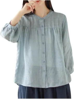 Summer Linen Work Tops for Women Vintage Button Down Plus Size V Neck Collared Blouse Casual 3/4 Sleeve T Shirts