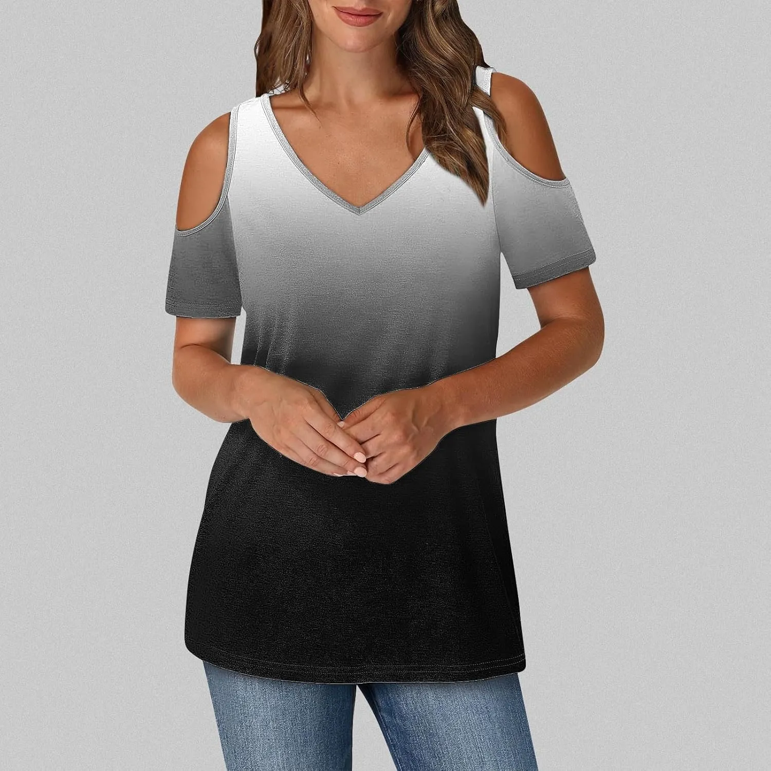 Summer Tunic Tops for Women Sexy Off-The-Shoulder Short Sleeve Shirts Trendy Gradient Color V-Neck Pullover Blouse