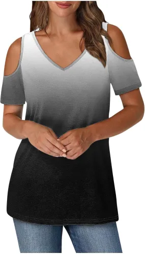 Summer Tunic Tops for Women Sexy Off-The-Shoulder Short Sleeve Shirts Trendy Gradient Color V-Neck Pullover Blouse
