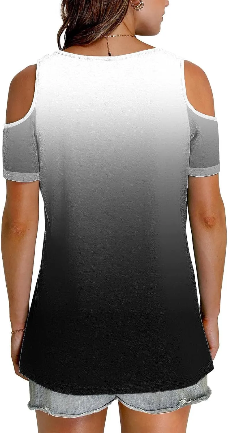 Summer Tunic Tops for Women Sexy Off-The-Shoulder Short Sleeve Shirts Trendy Gradient Color V-Neck Pullover Blouse