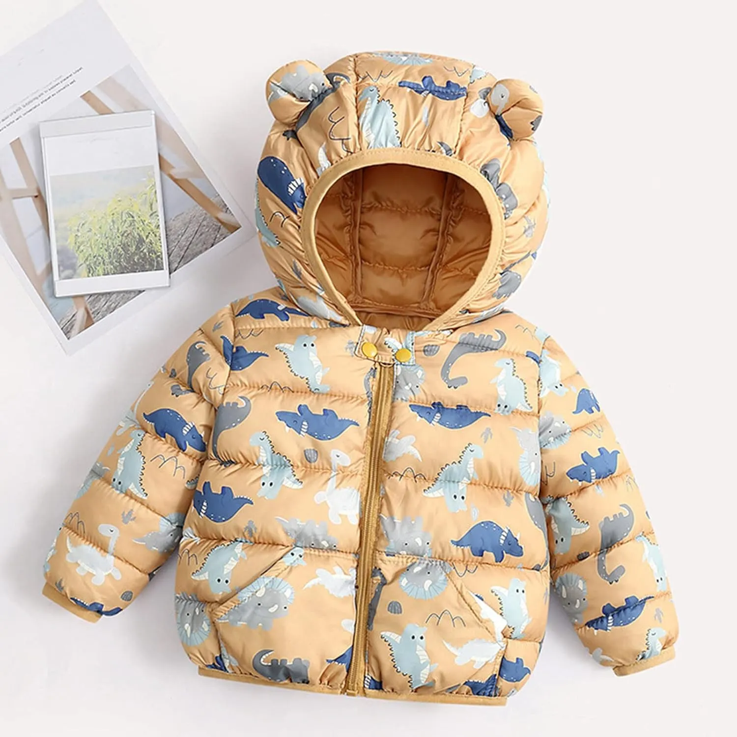 Toddler Baby Girls Boys Packable Light Puffer Jacket with Hoods Cartoon Bear Padded Down Coat Windproof Outerwear