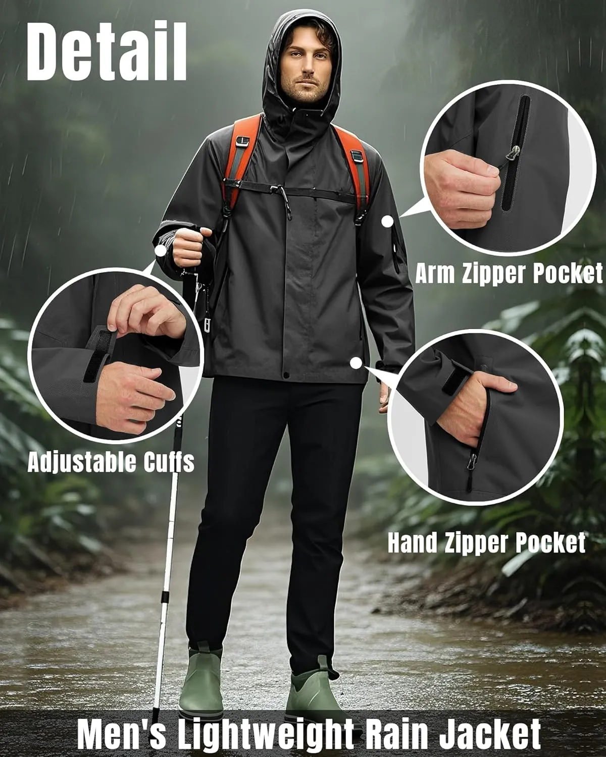 wantdo Men's Rain Jacket Lightweight Waterproof Hooded Windbreaker Raincoat Outdoor Spring Thin Jackets