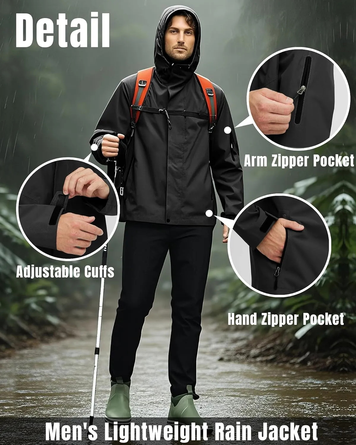 wantdo Men's Rain Jacket Lightweight Waterproof Hooded Windbreaker Raincoat Outdoor Spring Thin Jackets
