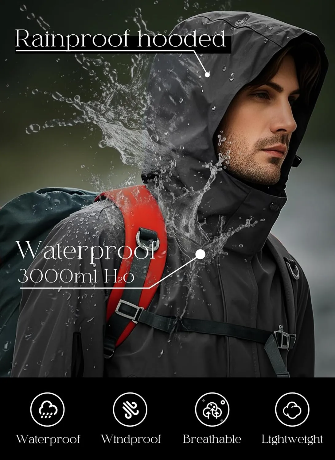 wantdo Men's Rain Jacket Lightweight Waterproof Hooded Windbreaker Raincoat Outdoor Spring Thin Jackets
