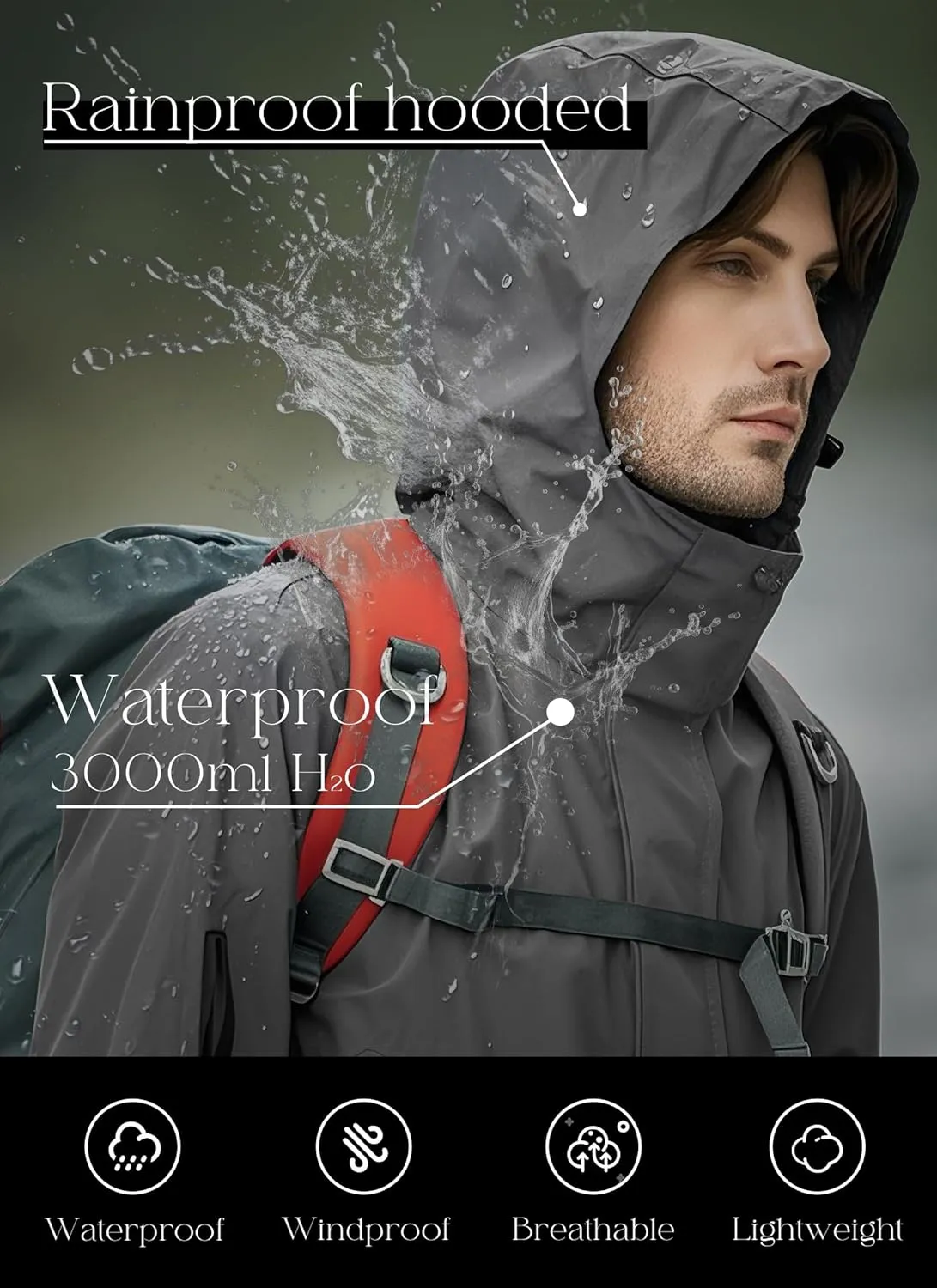 wantdo Men's Rain Jacket Lightweight Waterproof Hooded Windbreaker Raincoat Outdoor Spring Thin Jackets