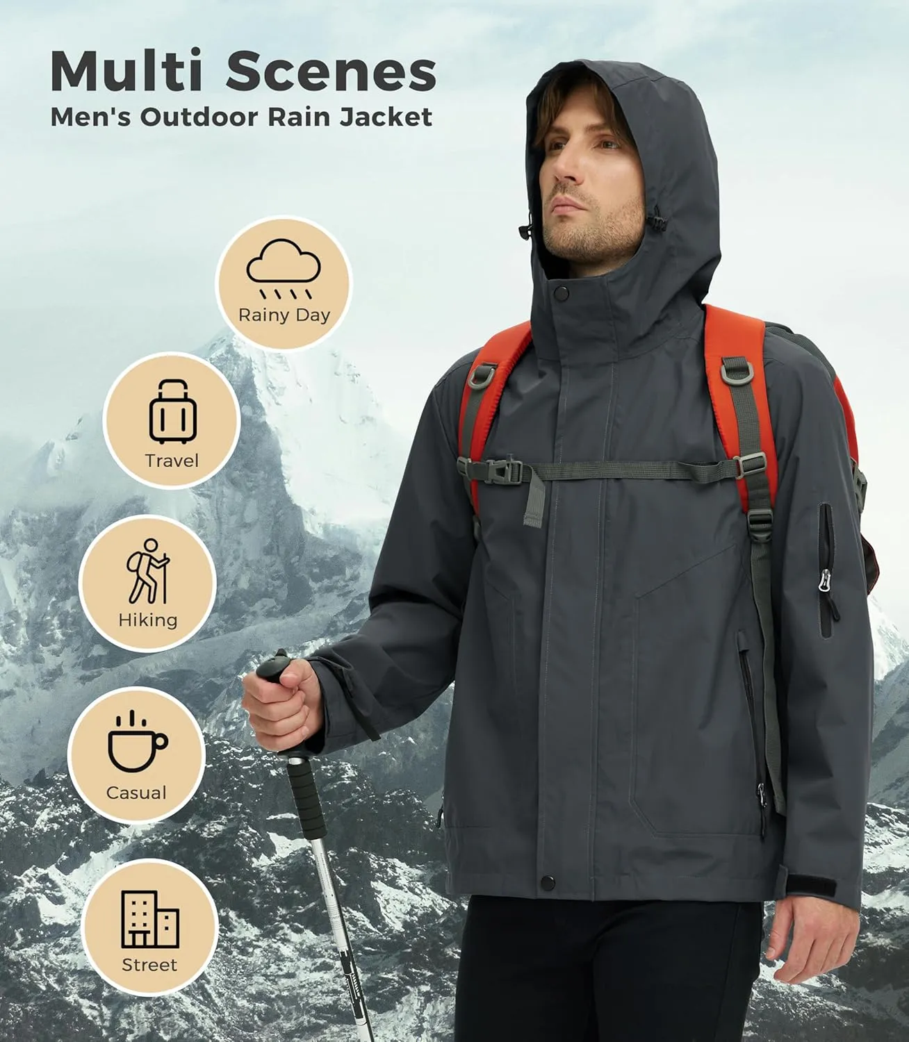 wantdo Men's Rain Jacket Lightweight Waterproof Hooded Windbreaker Raincoat Outdoor Spring Thin Jackets