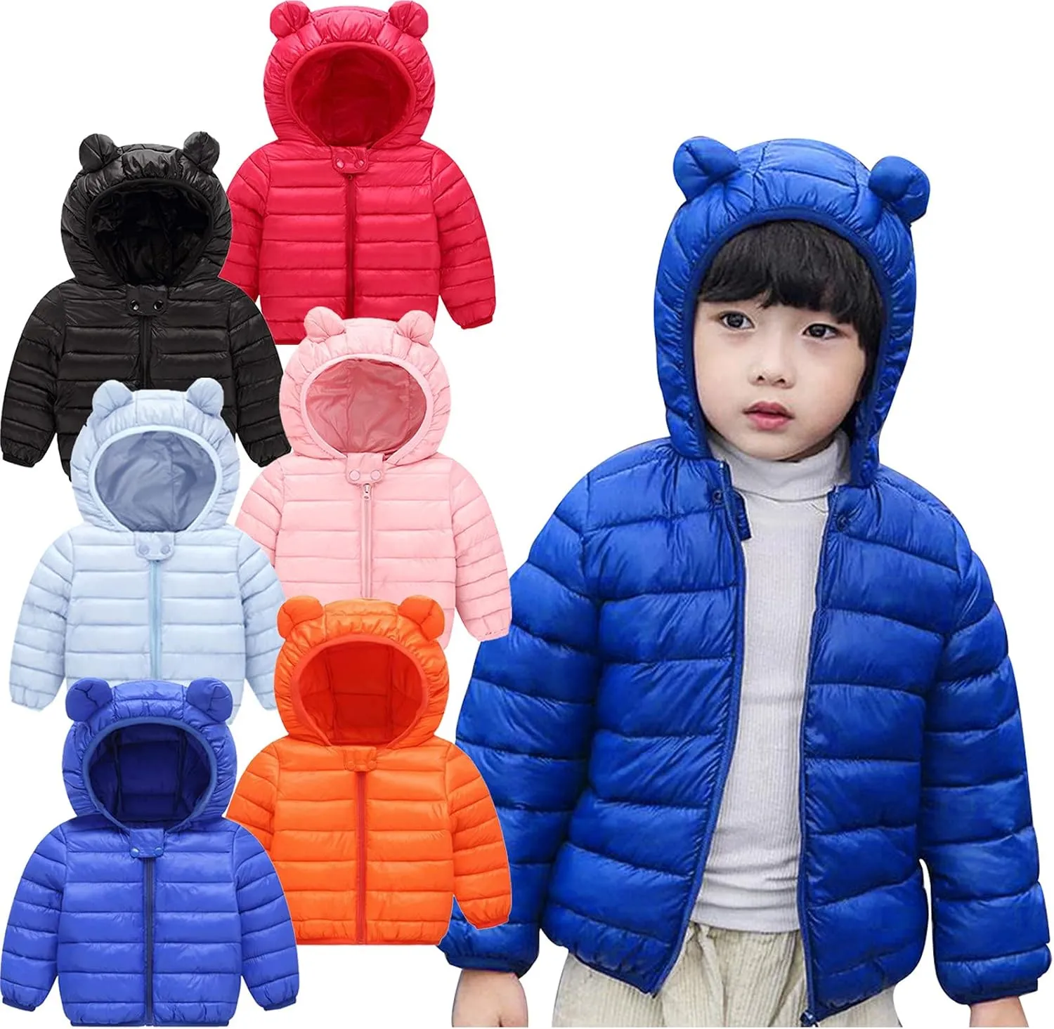 Winter Warm Down Coats for Kids Baby Boys Girls Light Puffer Padded Jacket Zipper Bear Ears Hoods Infant Outerwear