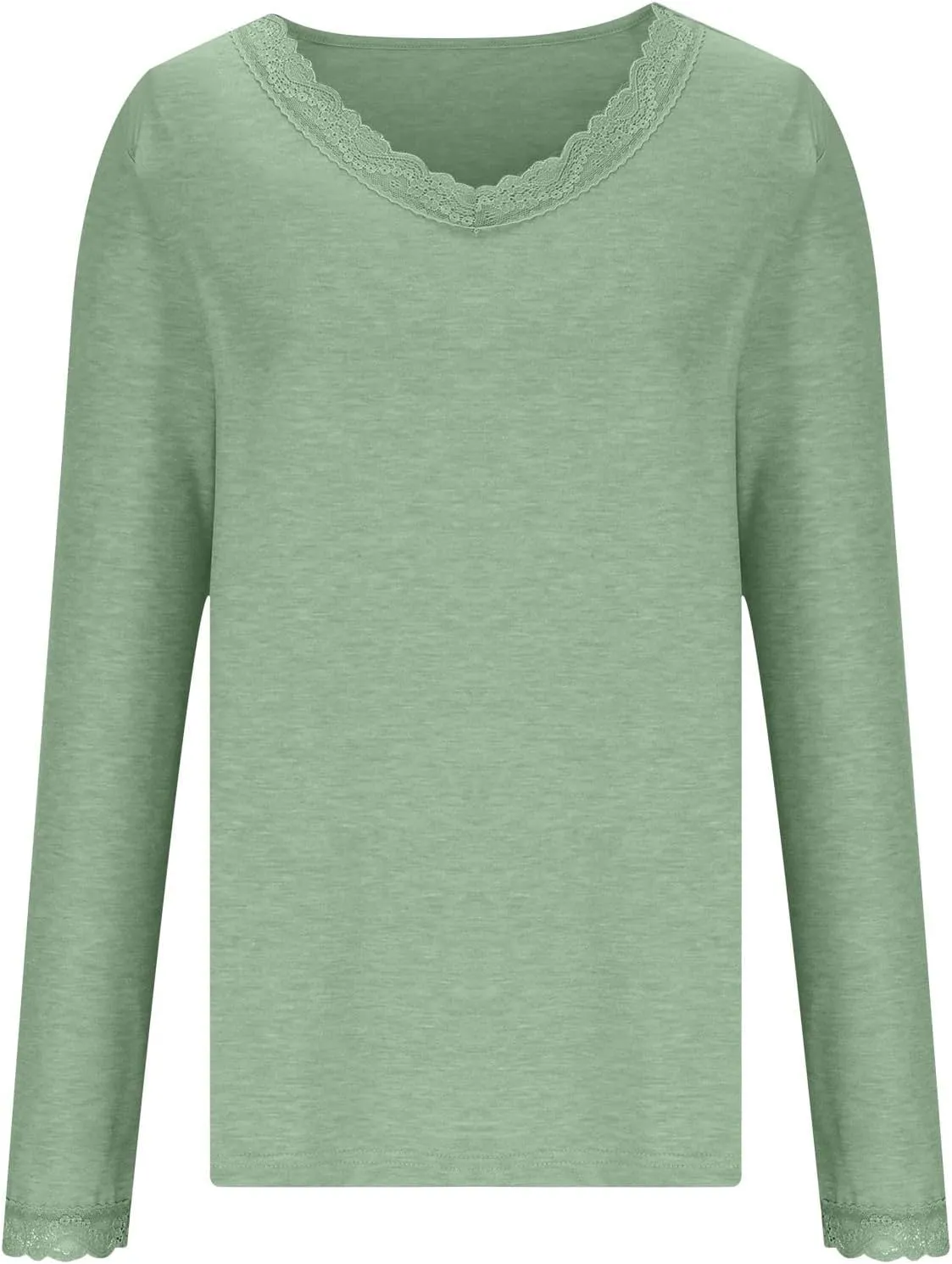Women Long Sleeve T Shirts Fashion Lace Trim V Neck Tops Comfy Basic Tee Casual Lightweight Loose Plain Pullover Blouse