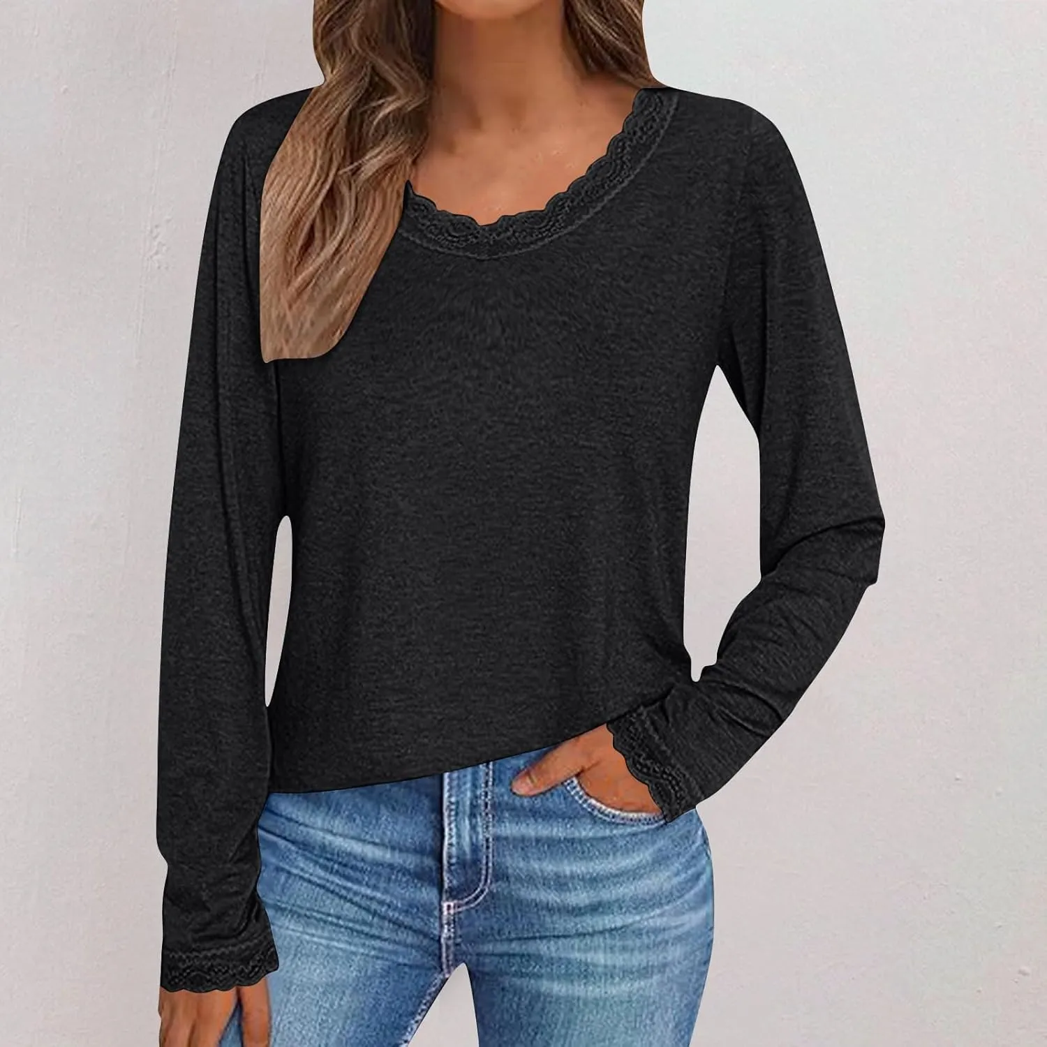 Women Long Sleeve T Shirts Fashion Lace Trim V Neck Tops Comfy Basic Tee Casual Lightweight Loose Plain Pullover Blouse