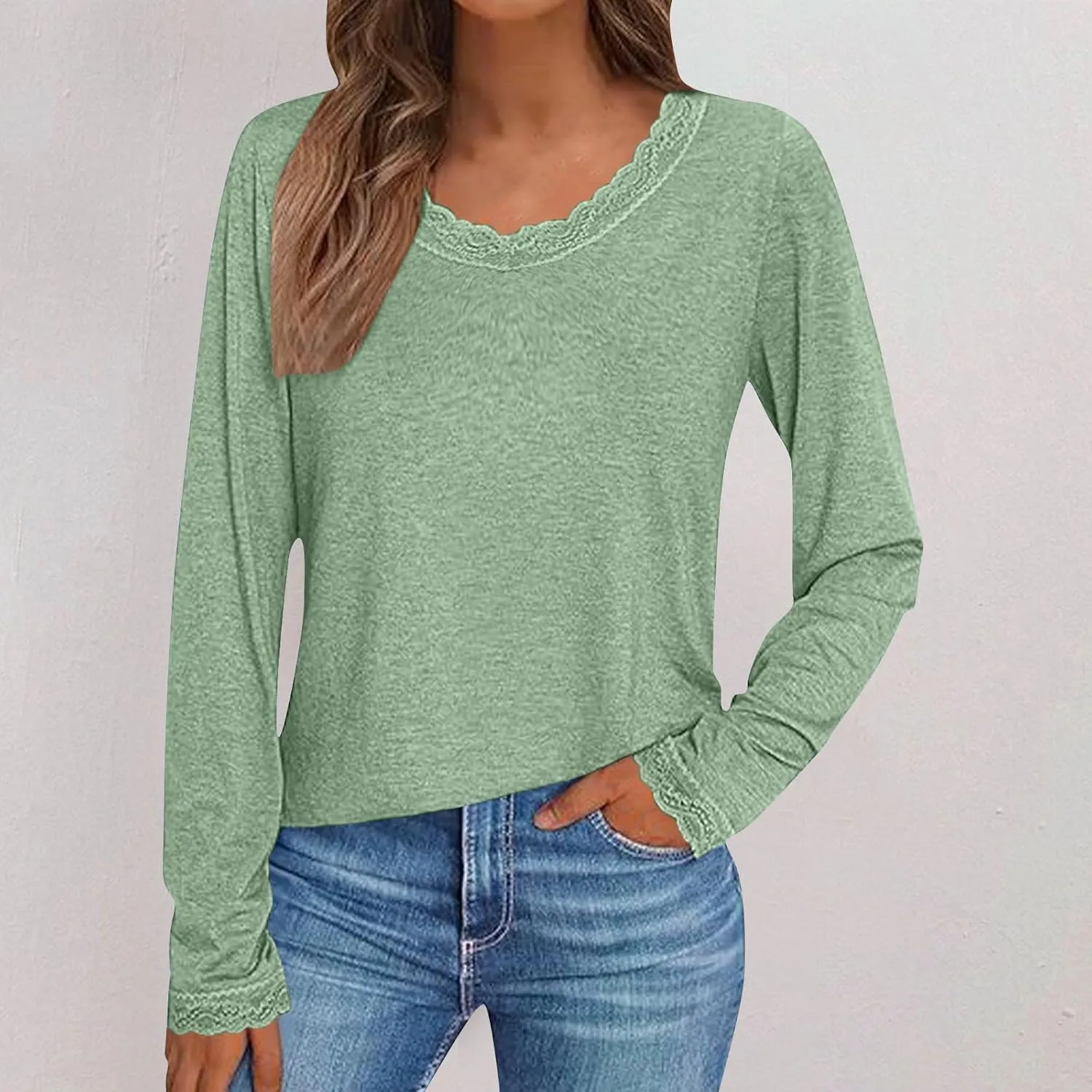 Women Long Sleeve T Shirts Fashion Lace Trim V Neck Tops Comfy Basic Tee Casual Lightweight Loose Plain Pullover Blouse