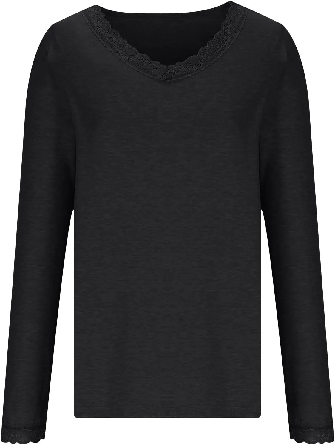 Women Long Sleeve T Shirts Fashion Lace Trim V Neck Tops Comfy Basic Tee Casual Lightweight Loose Plain Pullover Blouse