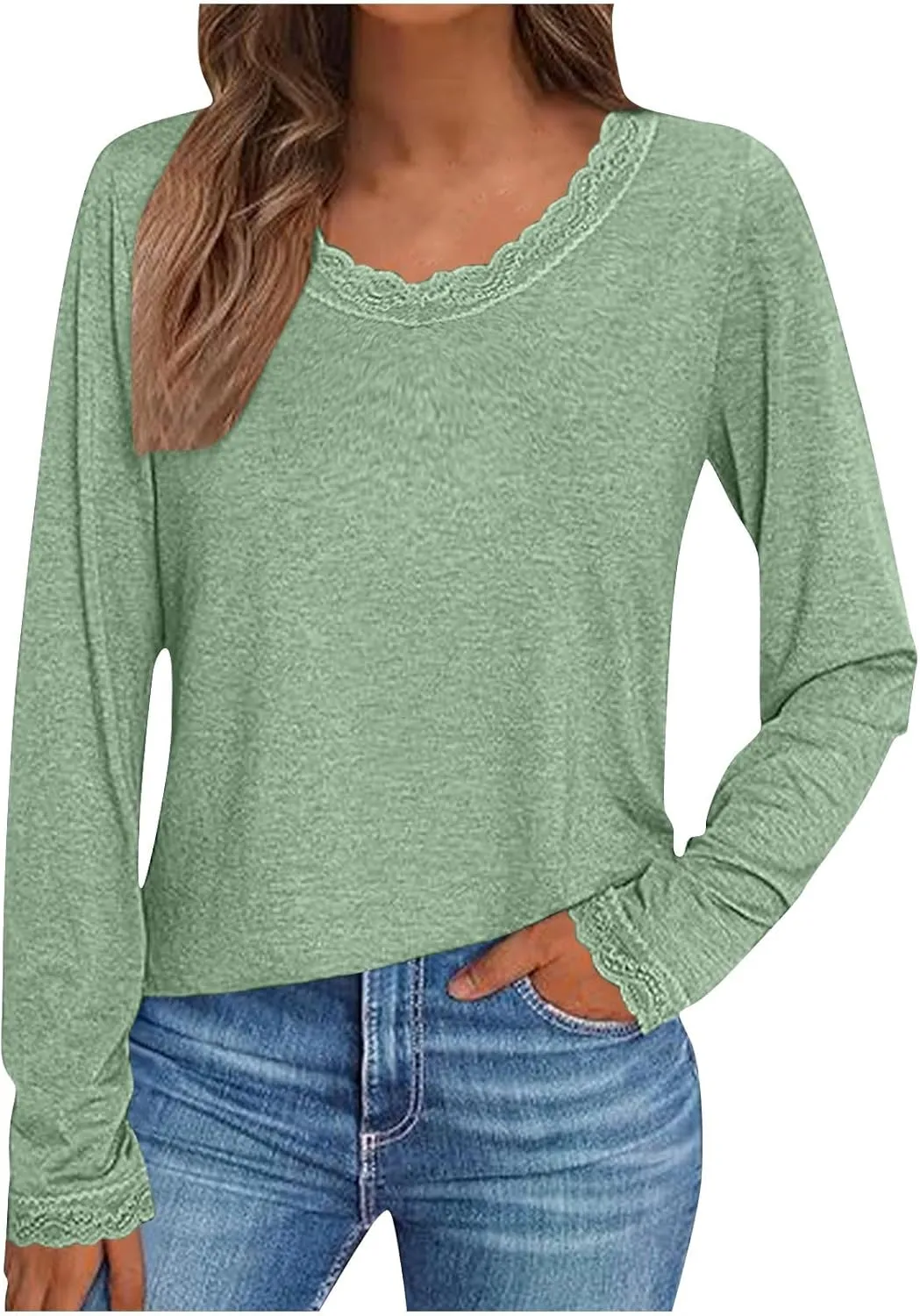 Women Long Sleeve T Shirts Fashion Lace Trim V Neck Tops Comfy Basic Tee Casual Lightweight Loose Plain Pullover Blouse