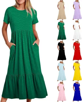 Women Summer Casual Short Sleeve Crewneck Aline Swing Flowy Tiered Shirt Maxi Beach Long Dress 2025 Trendy Outfits