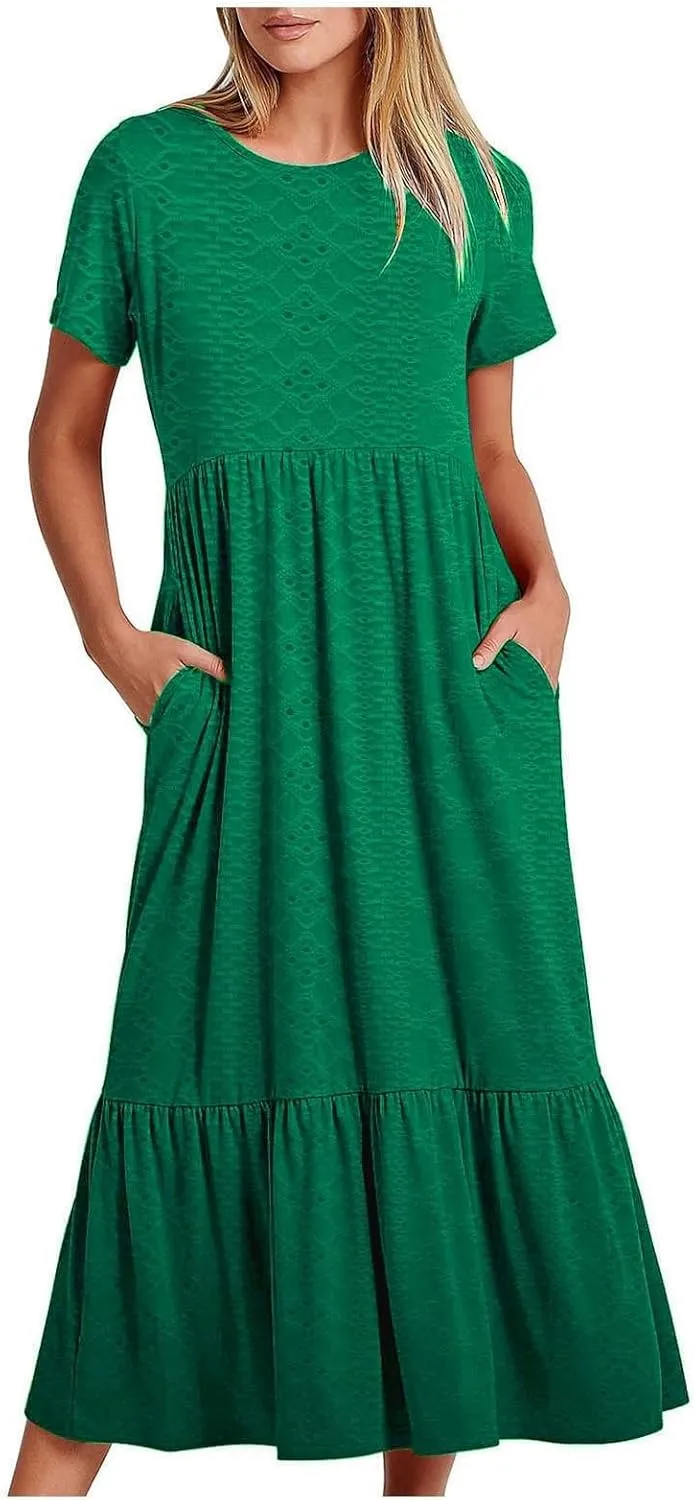 Women Summer Casual Short Sleeve Crewneck Aline Swing Flowy Tiered Shirt Maxi Beach Long Dress 2025 Trendy Outfits