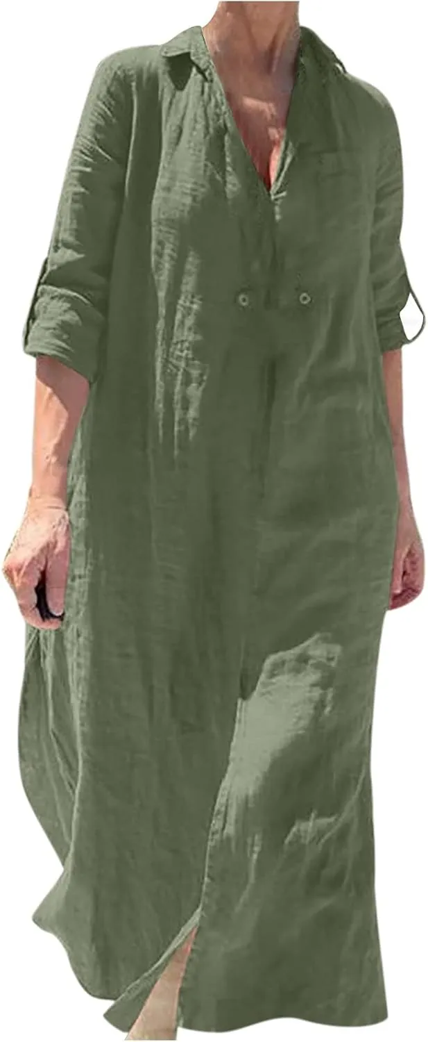 Women V-Neck 3/4 Length Sleeve Loose Cotton Linen Dresses Simple Solid Color Casual Maxi Linen Dress