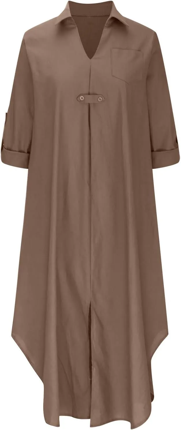Women V-Neck 3/4 Length Sleeve Loose Cotton Linen Dresses Simple Solid Color Casual Maxi Linen Dress