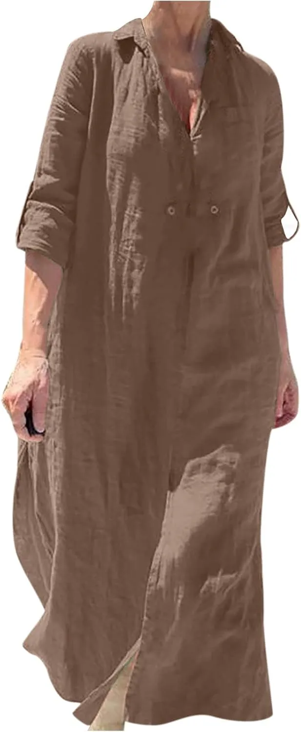Women V-Neck 3/4 Length Sleeve Loose Cotton Linen Dresses Simple Solid Color Casual Maxi Linen Dress