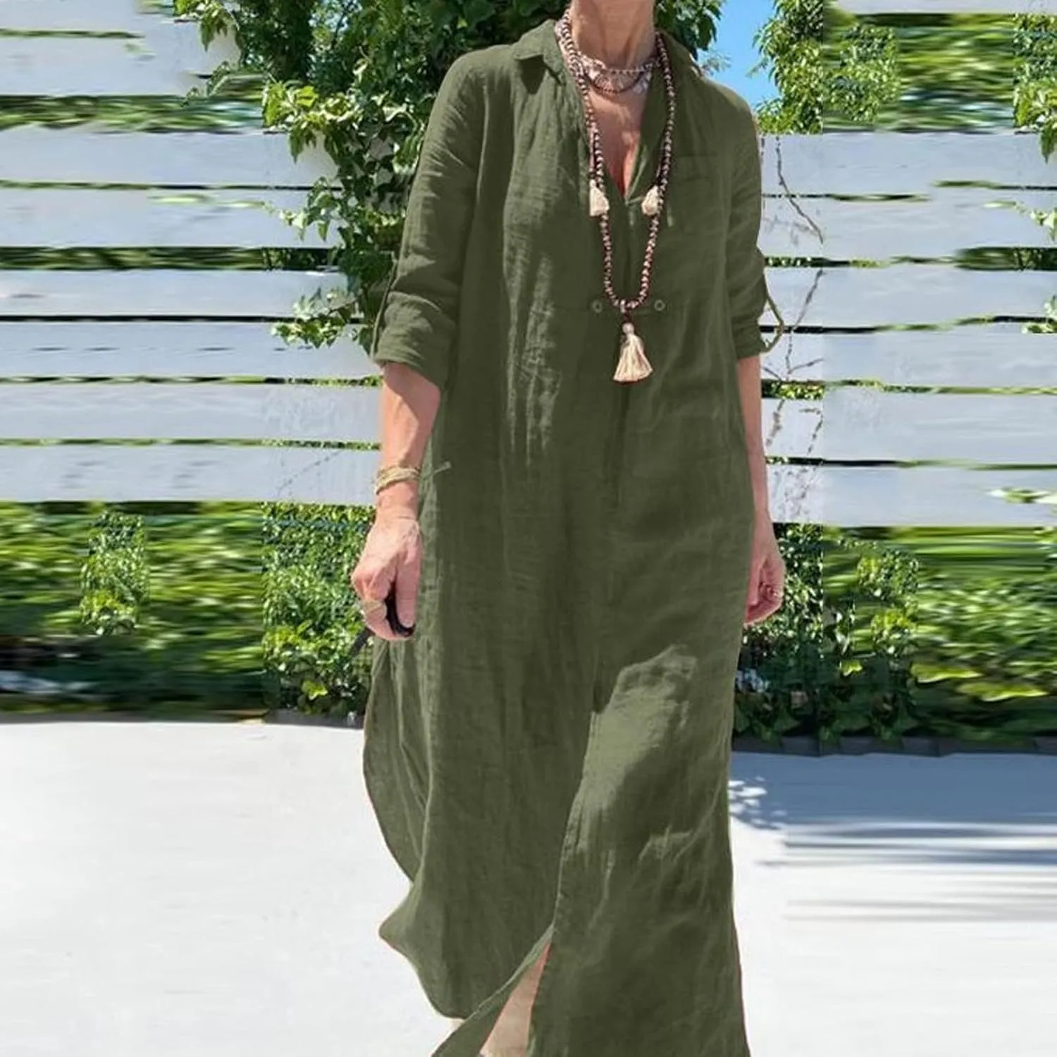 Women V-Neck 3/4 Length Sleeve Loose Cotton Linen Dresses Simple Solid Color Casual Maxi Linen Dress