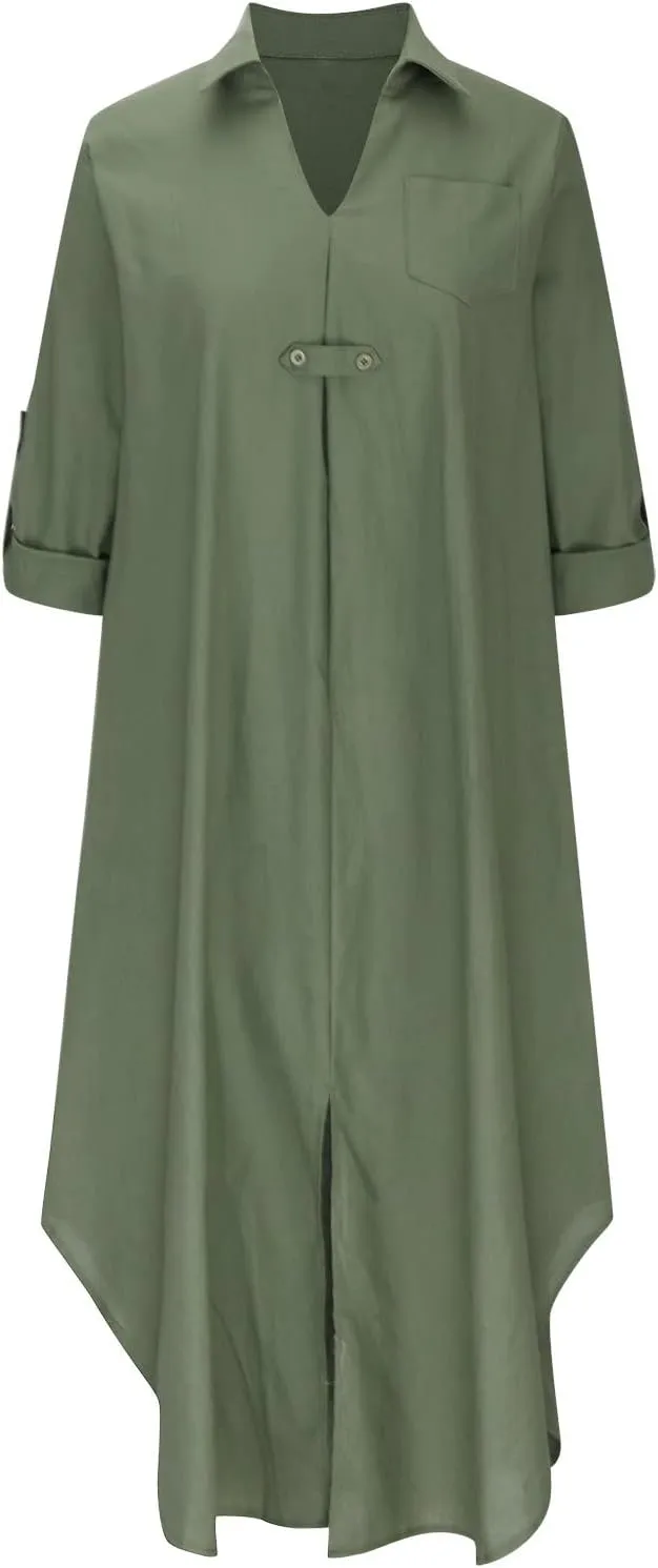 Women V-Neck 3/4 Length Sleeve Loose Cotton Linen Dresses Simple Solid Color Casual Maxi Linen Dress