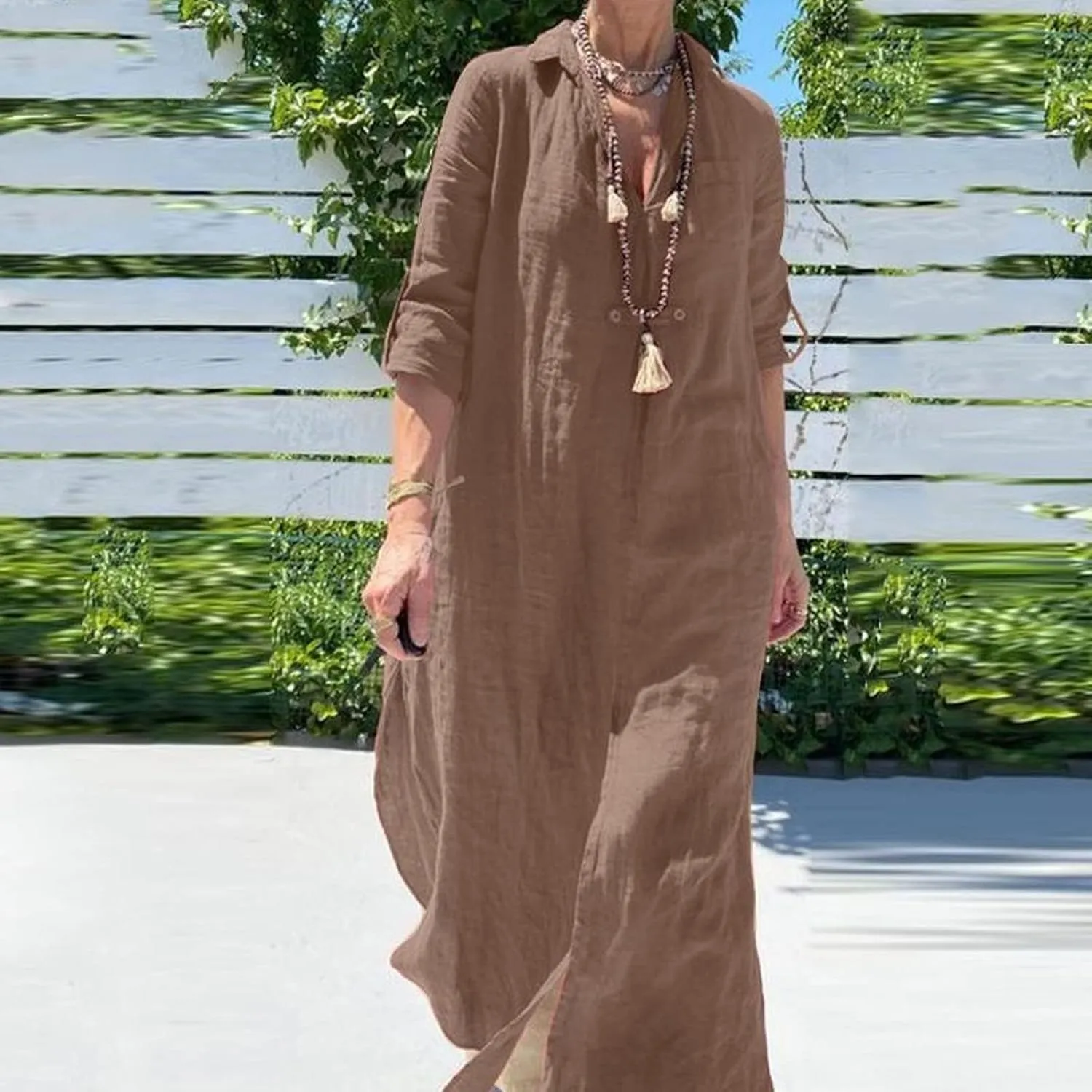 Women V-Neck 3/4 Length Sleeve Loose Cotton Linen Dresses Simple Solid Color Casual Maxi Linen Dress
