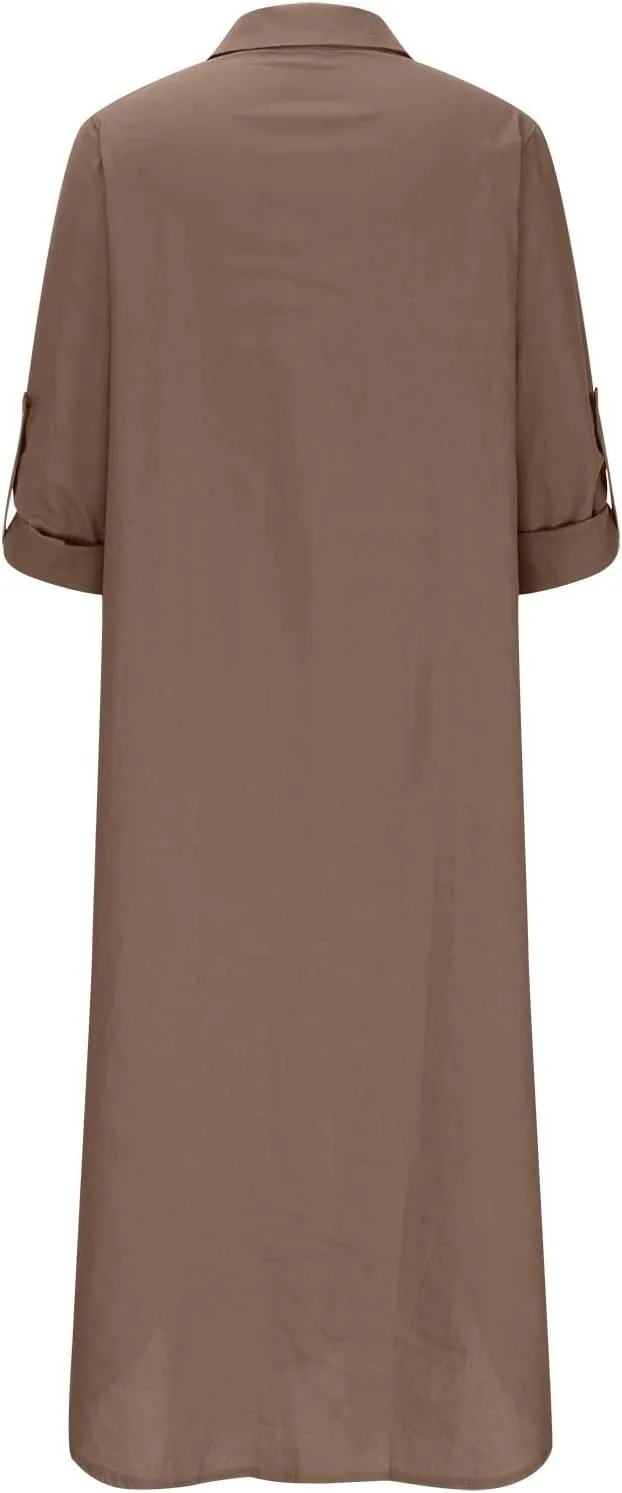 Women V-Neck 3/4 Length Sleeve Loose Cotton Linen Dresses Simple Solid Color Casual Maxi Linen Dress