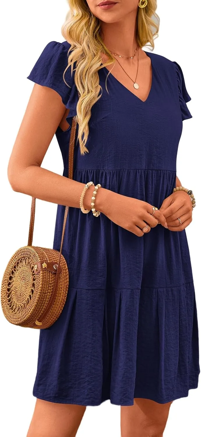 Women's Casual Tiered Dress Summer Beach Dresses Ruffle Cap Sleeve Mini Dress A-Line Swing V Neck Sundress
