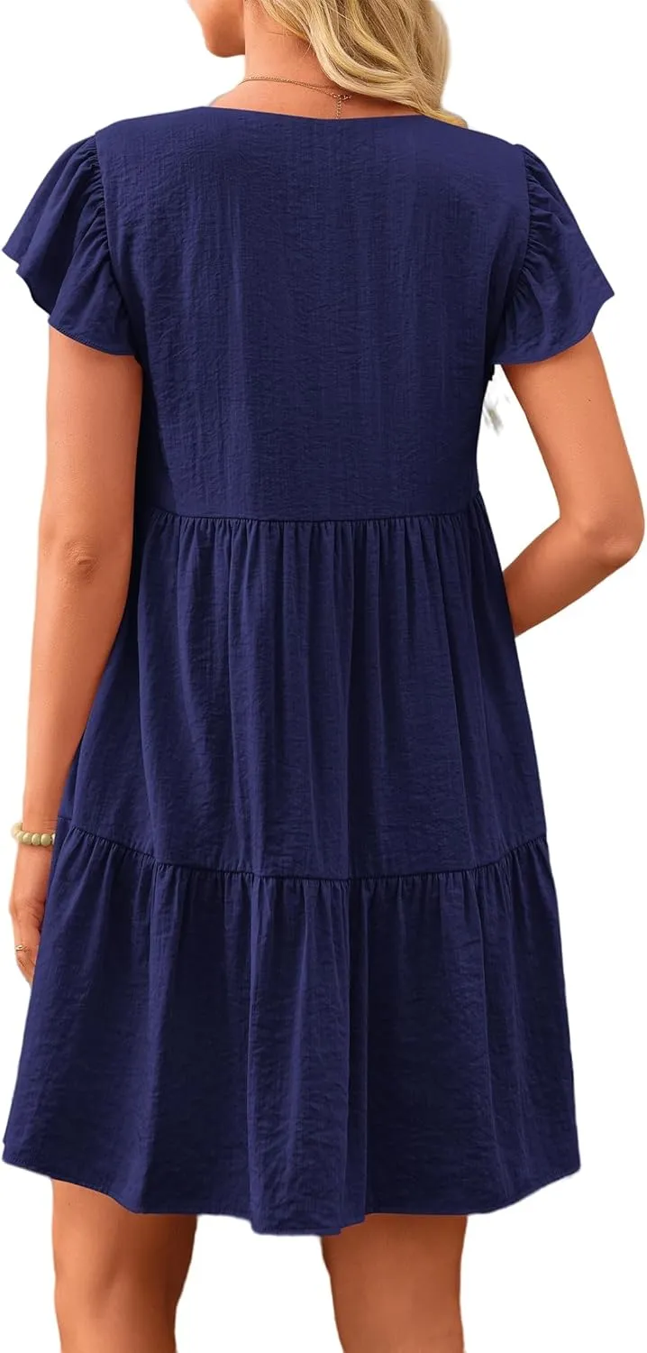 Women's Casual Tiered Dress Summer Beach Dresses Ruffle Cap Sleeve Mini Dress A-Line Swing V Neck Sundress