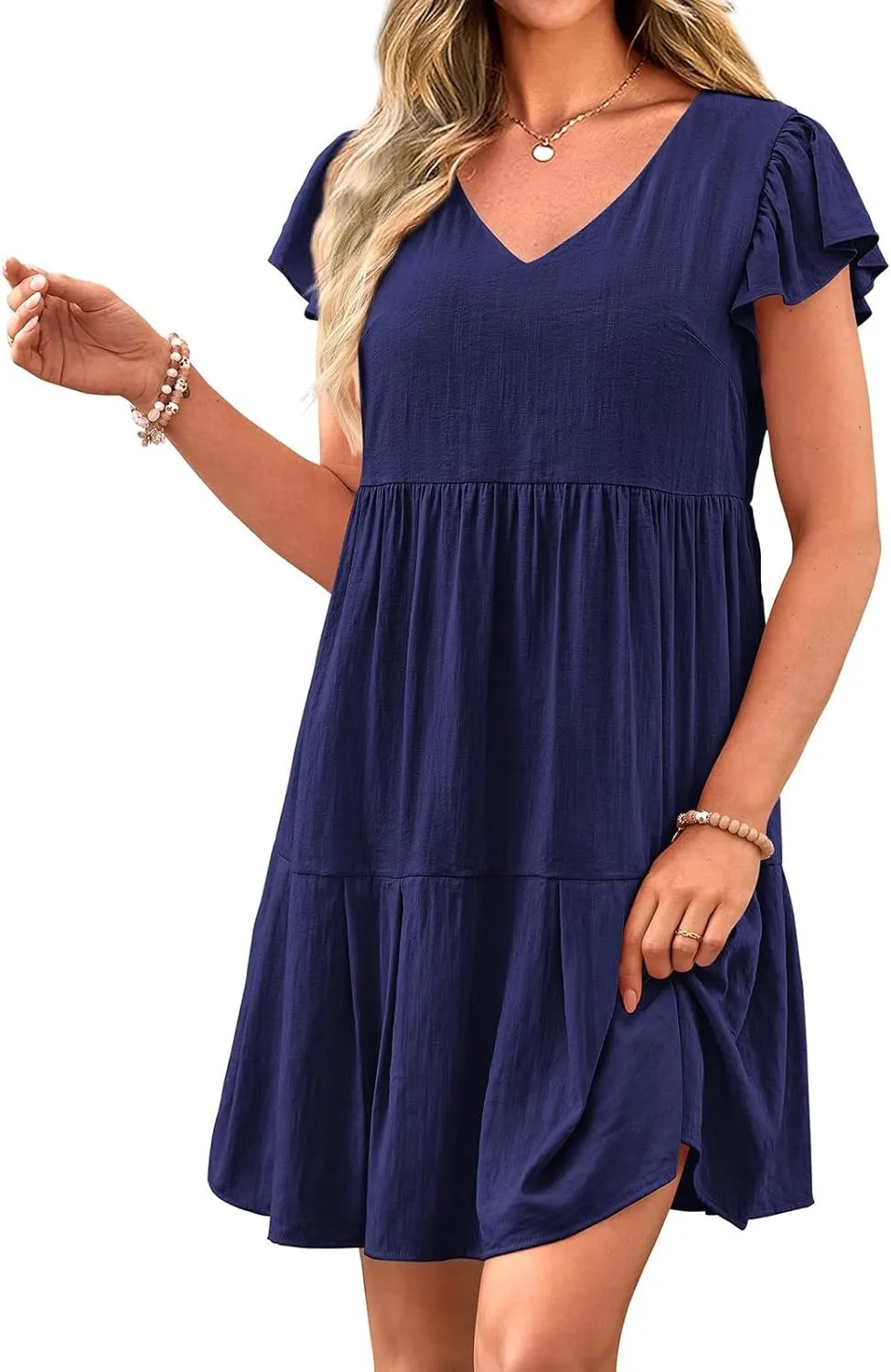 Women's Casual Tiered Dress Summer Beach Dresses Ruffle Cap Sleeve Mini Dress A-Line Swing V Neck Sundress