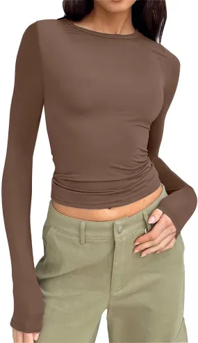 Womens Long Sleeve Shirts 2024 Basic Crop Tops Fashion Slim Fit Y2k Workout Clothes Crew Neck Stretch Tshirt Outfits