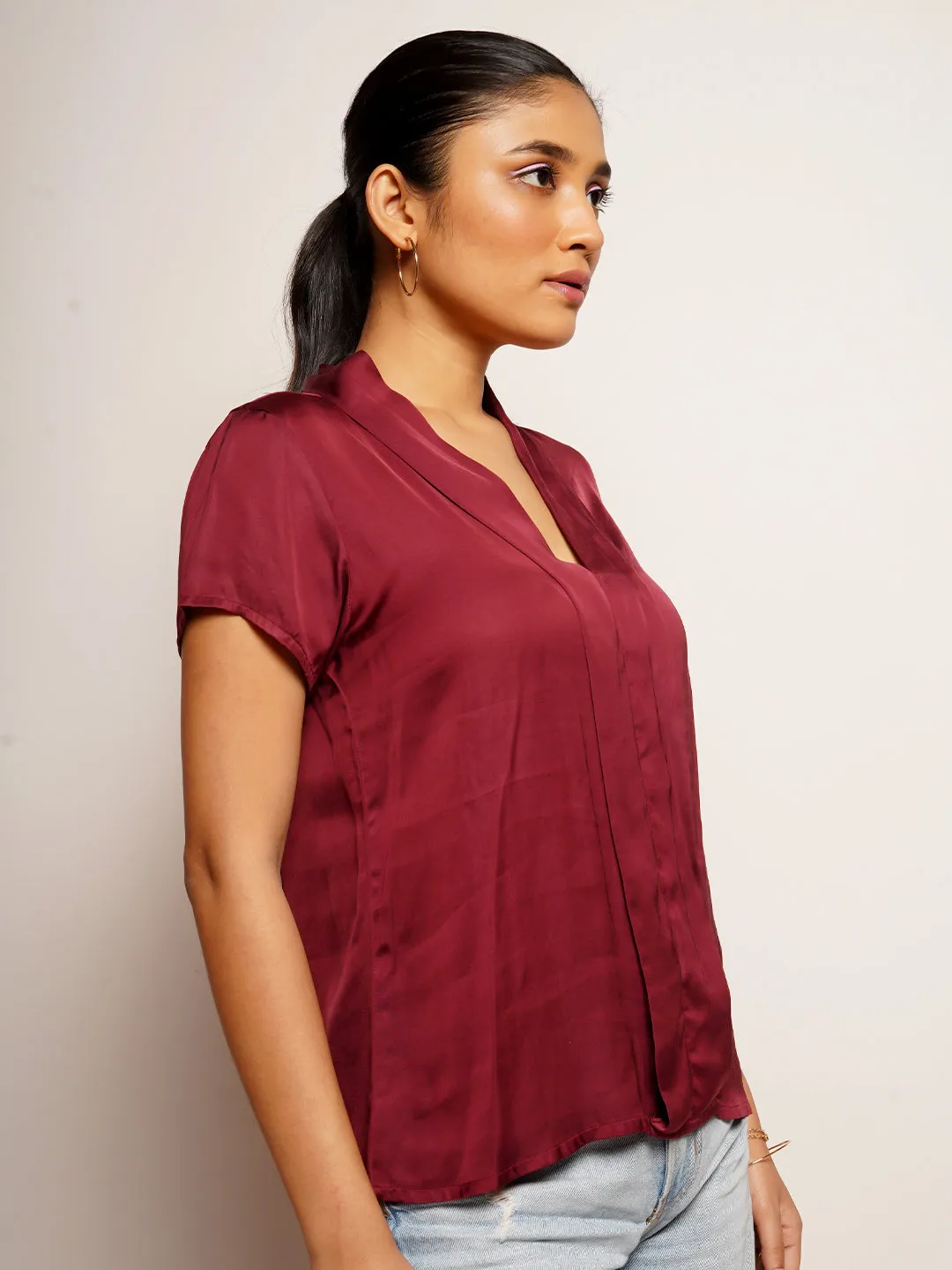 Women's Maroon Plain Basic Top