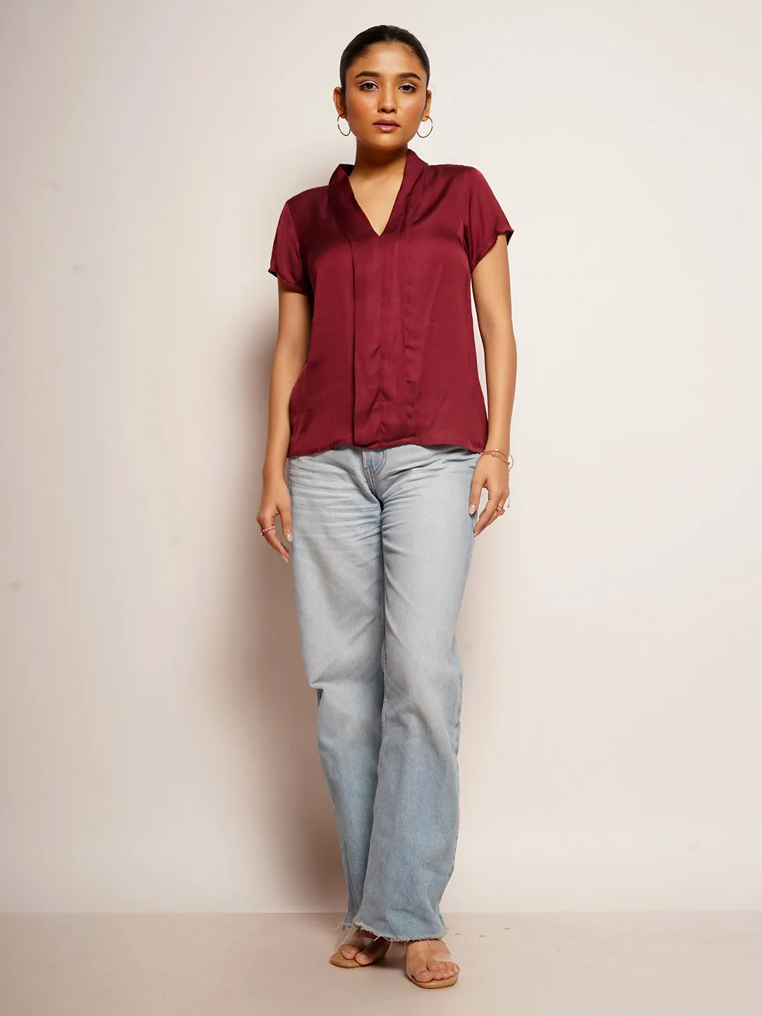 Women's Maroon Plain Basic Top