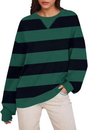 Women's Oversized Pullover Striped Sweatshirt Soft Crew Neck Fall Sweaters for Women Trendy 2024