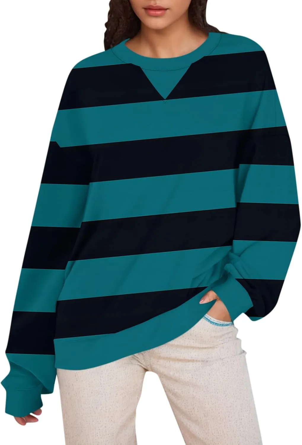 Women's Oversized Pullover Striped Sweatshirt Soft Crew Neck Fall Sweaters for Women Trendy 2024