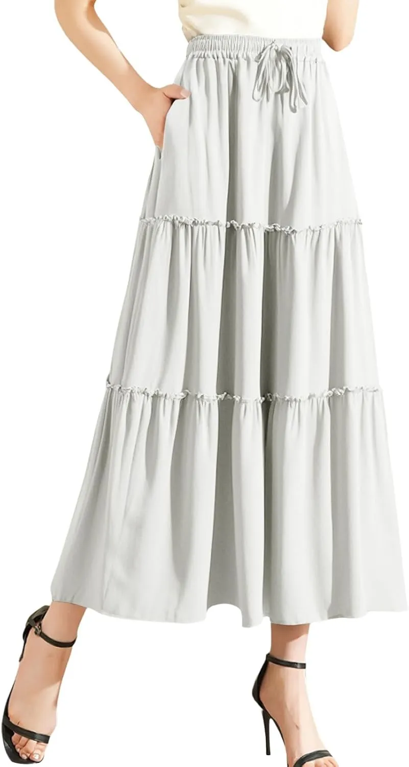Womens Summer Boho Flowy Swing Tiered Maxi Skirt with Pocket 2025 Fashion Elastic Waist Pleated Long Beach Outfits