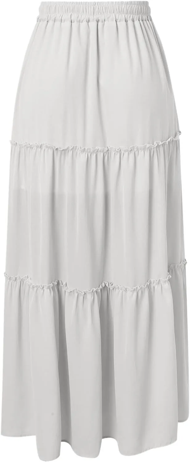 Womens Summer Boho Flowy Swing Tiered Maxi Skirt with Pocket 2025 Fashion Elastic Waist Pleated Long Beach Outfits
