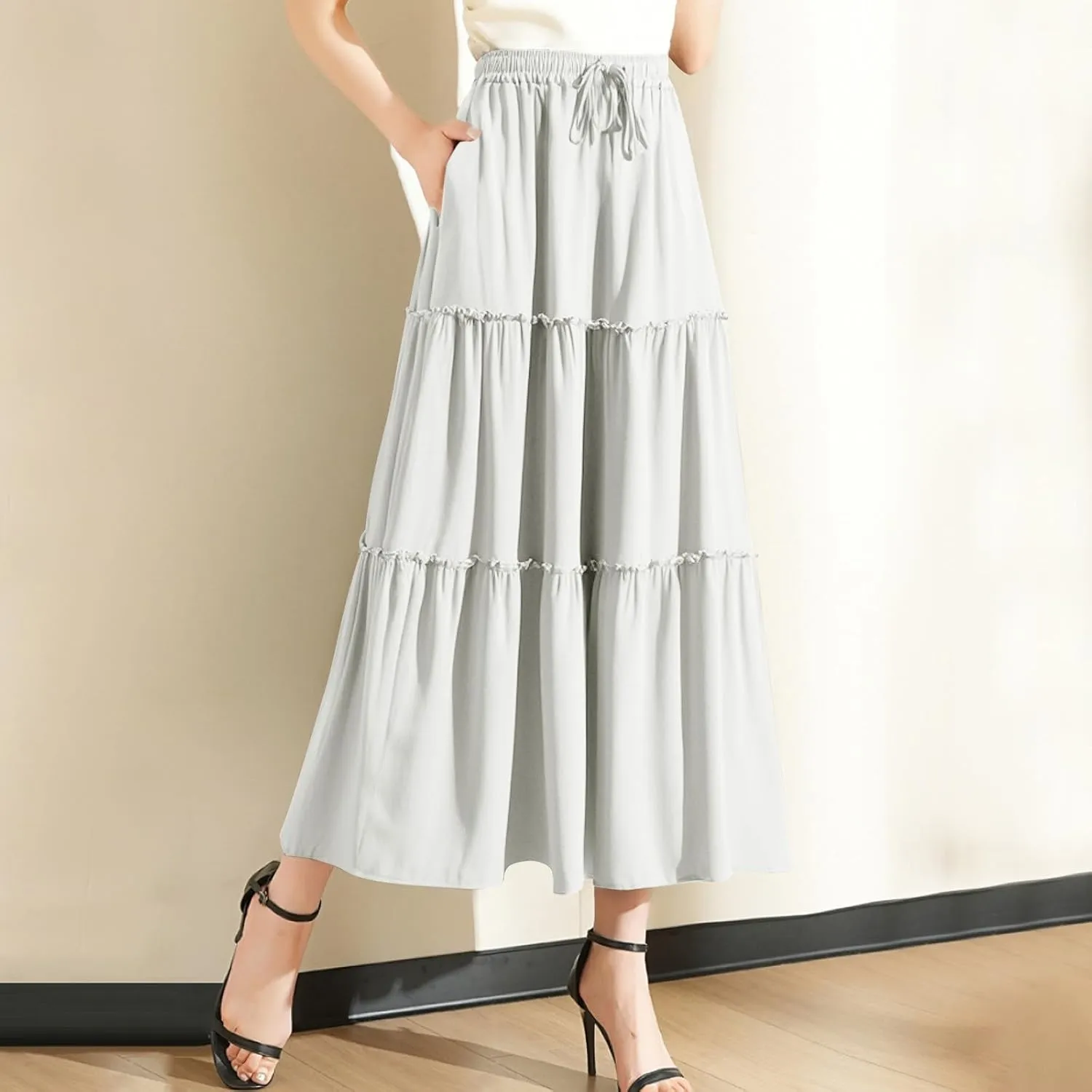 Womens Summer Boho Flowy Swing Tiered Maxi Skirt with Pocket 2025 Fashion Elastic Waist Pleated Long Beach Outfits