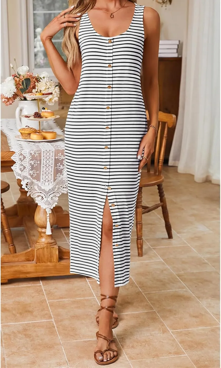 Womens Summer Sleeveless Midi Dress Casual Beach Dresses Striped Slim Fit Waist Split Sundress Vacation Travel Outfit