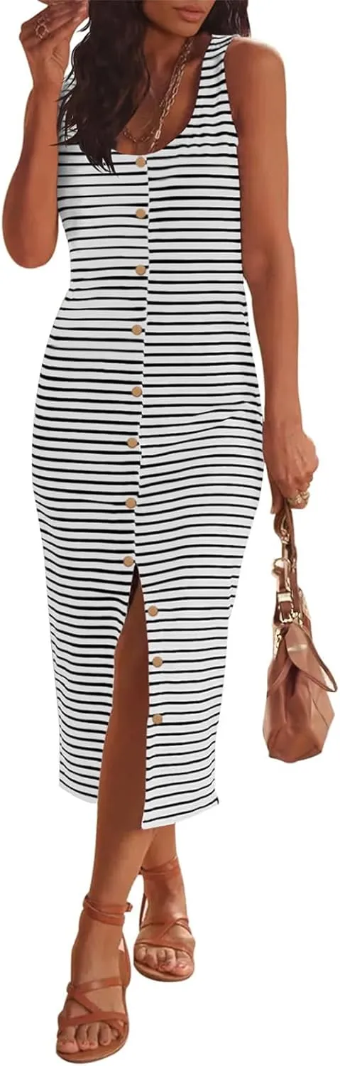 Womens Summer Sleeveless Midi Dress Casual Beach Dresses Striped Slim Fit Waist Split Sundress Vacation Travel Outfit