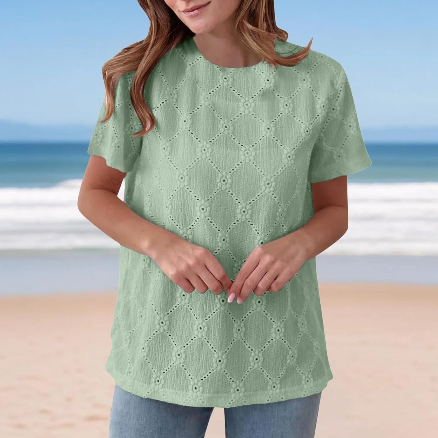 Women's Summer Tops Casual Crew Neck Short Sleeve Eyelet Embroidered Hollow Out Blouses Loose Fit Shirts